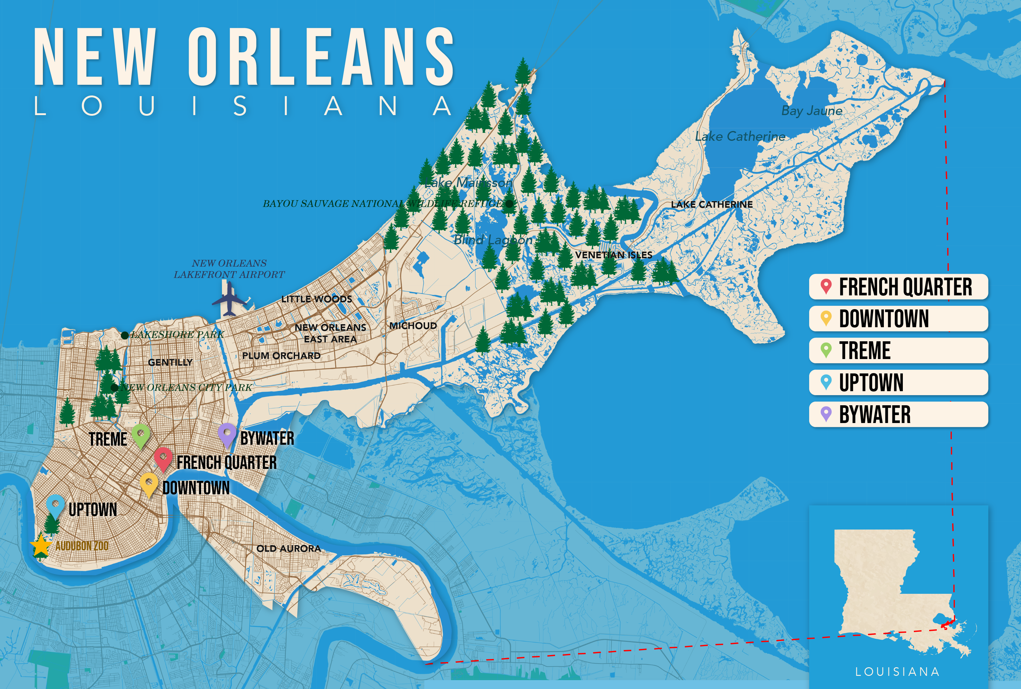 Where to Stay in New Orleans map in vector format featuring the best areas of town