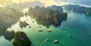 As an image for a piece on the best time to visit Vietnam, an aerial shot of the rock island cluster in Halong Bay