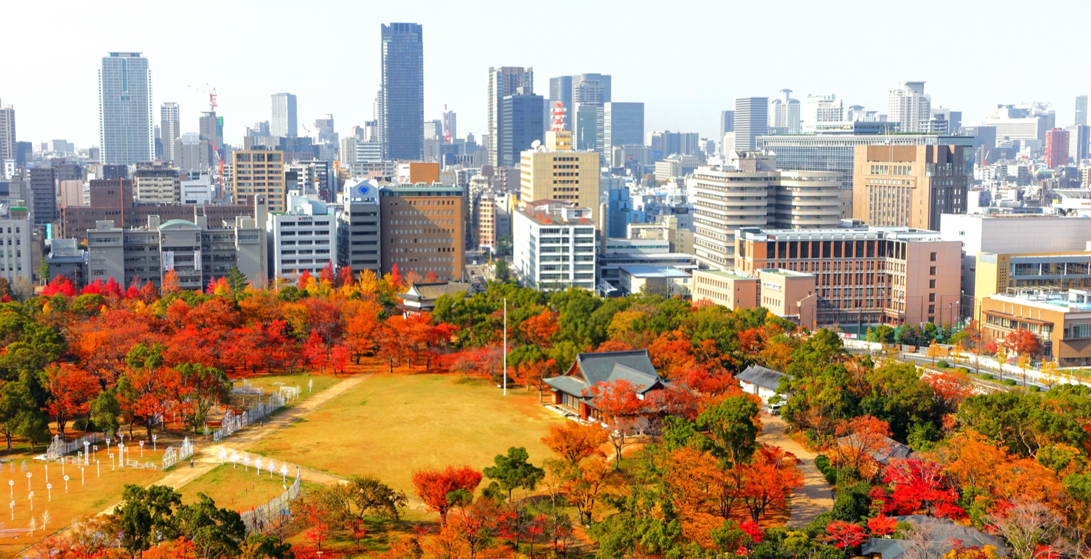 For a piece on where to stay in Montreal, a beautiful Osaka castle park in autumn shown via aerial shot