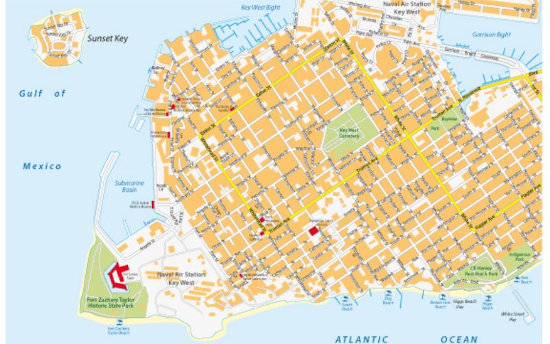 Map showing where to stay in Key West featuring different parts of town
