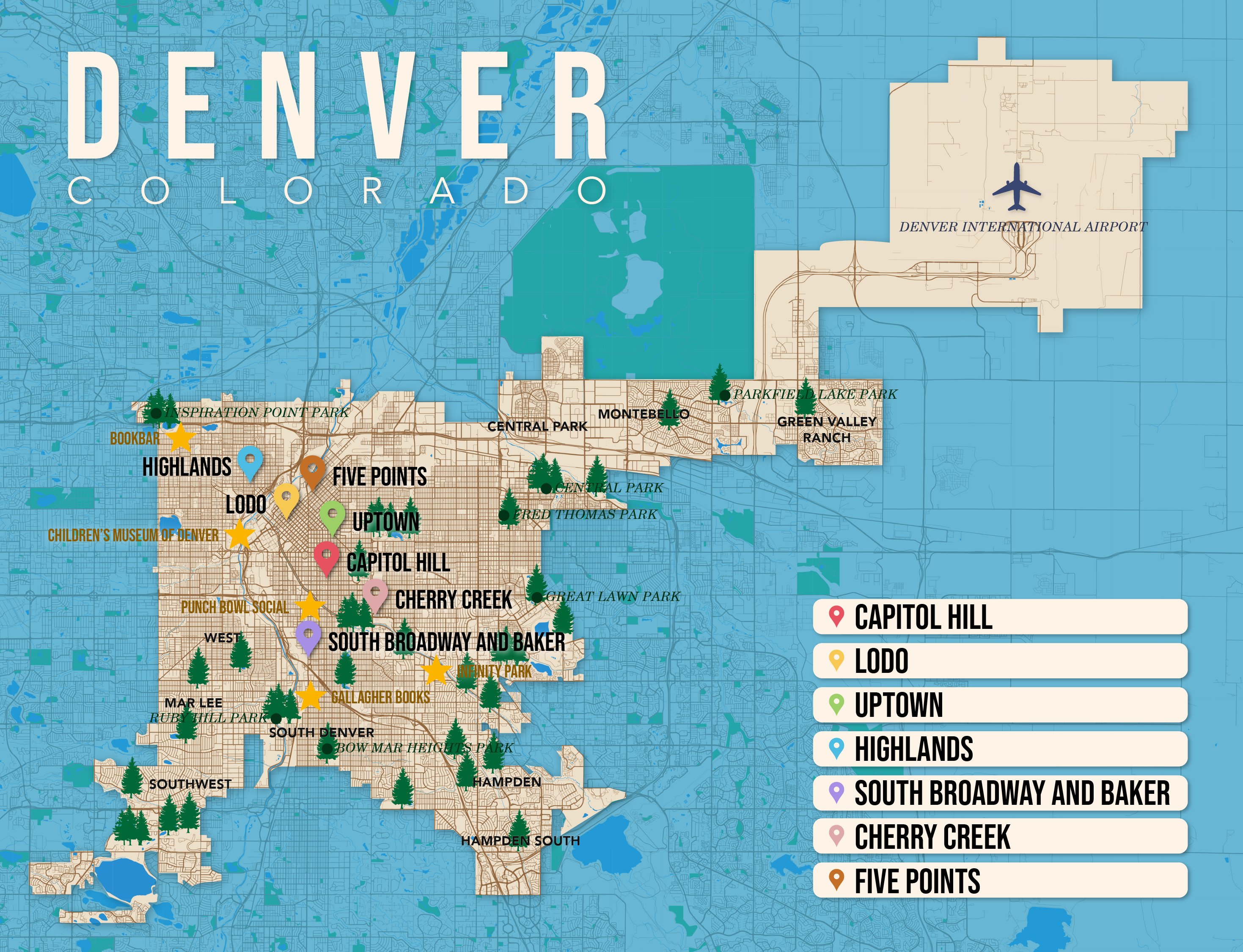 Where to Stay in Denver map in vector format featuring the best areas of town