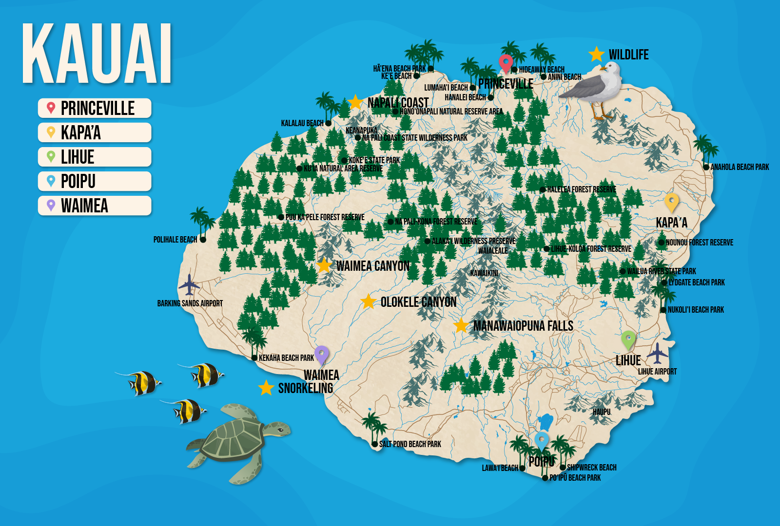 Vector map of Kauai pictured with several of the best places to stay and attractions to visit