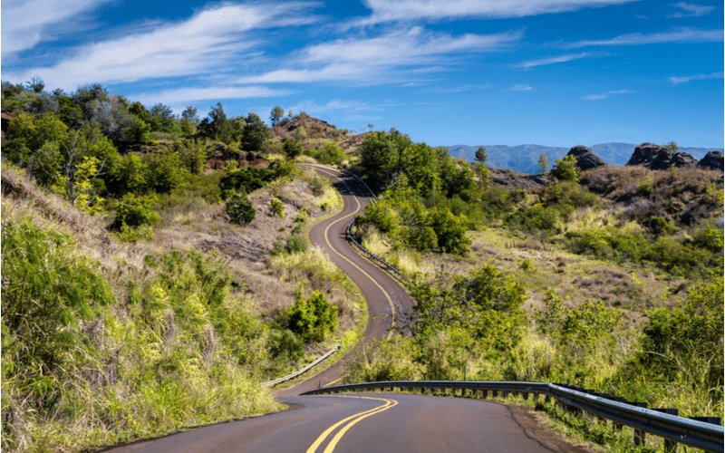 A view of a twisty road to Waimea Canyon in Kauai