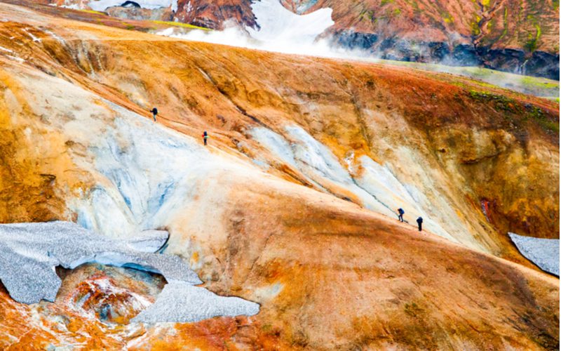 The Laugavegur Trek, one of the most beautiful things to do in Iceland, depicted in an Aerial shot of hikers climbing the hill