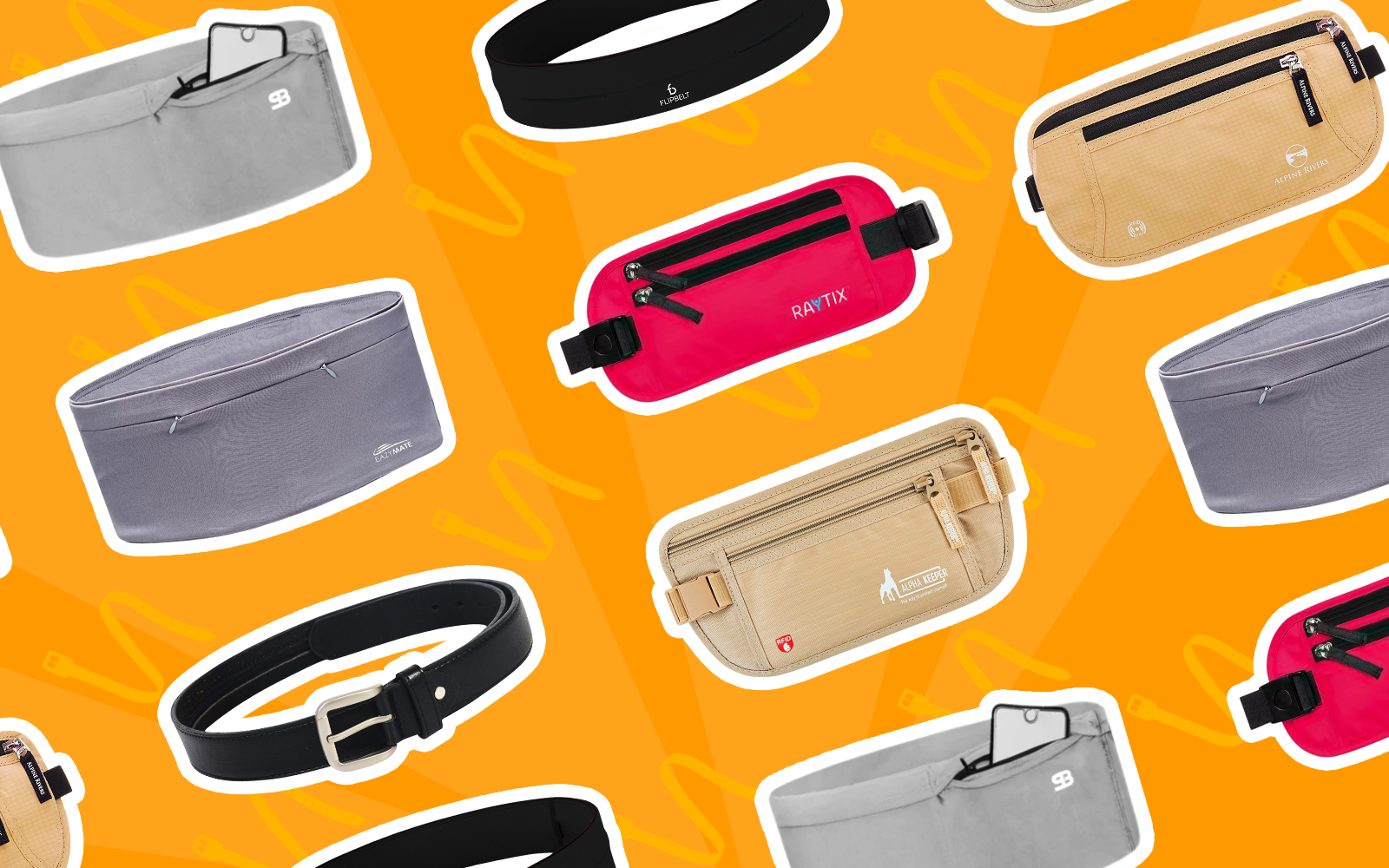 Best money belts in a layflat graphic with orange background
