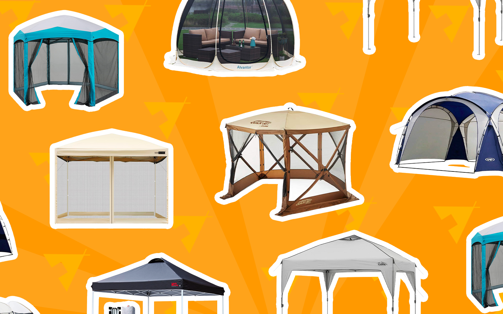 Layflat graphic with the best camping canopies on an orange background