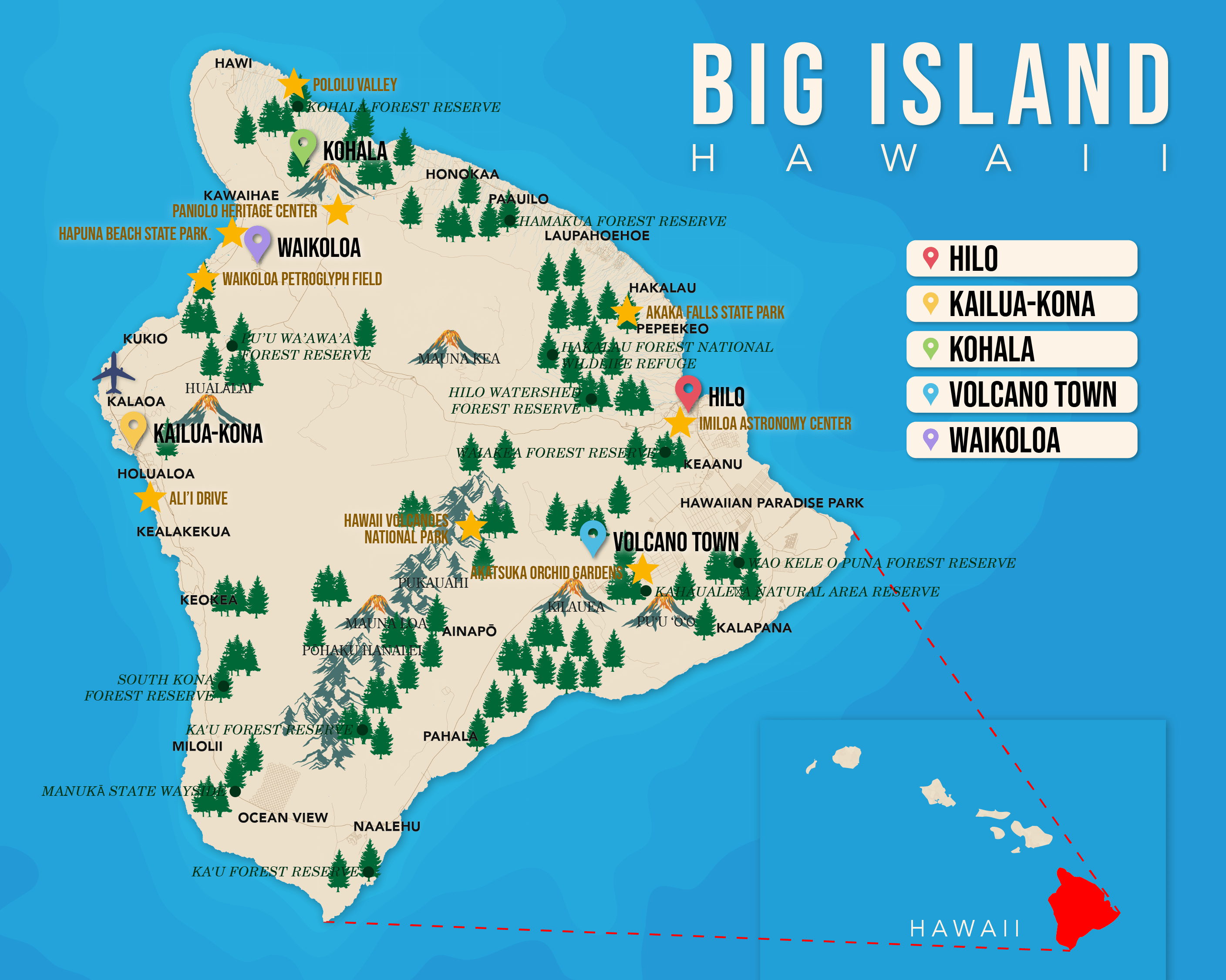 Where to Stay on the Big Island map in vector format featuring the best areas of town