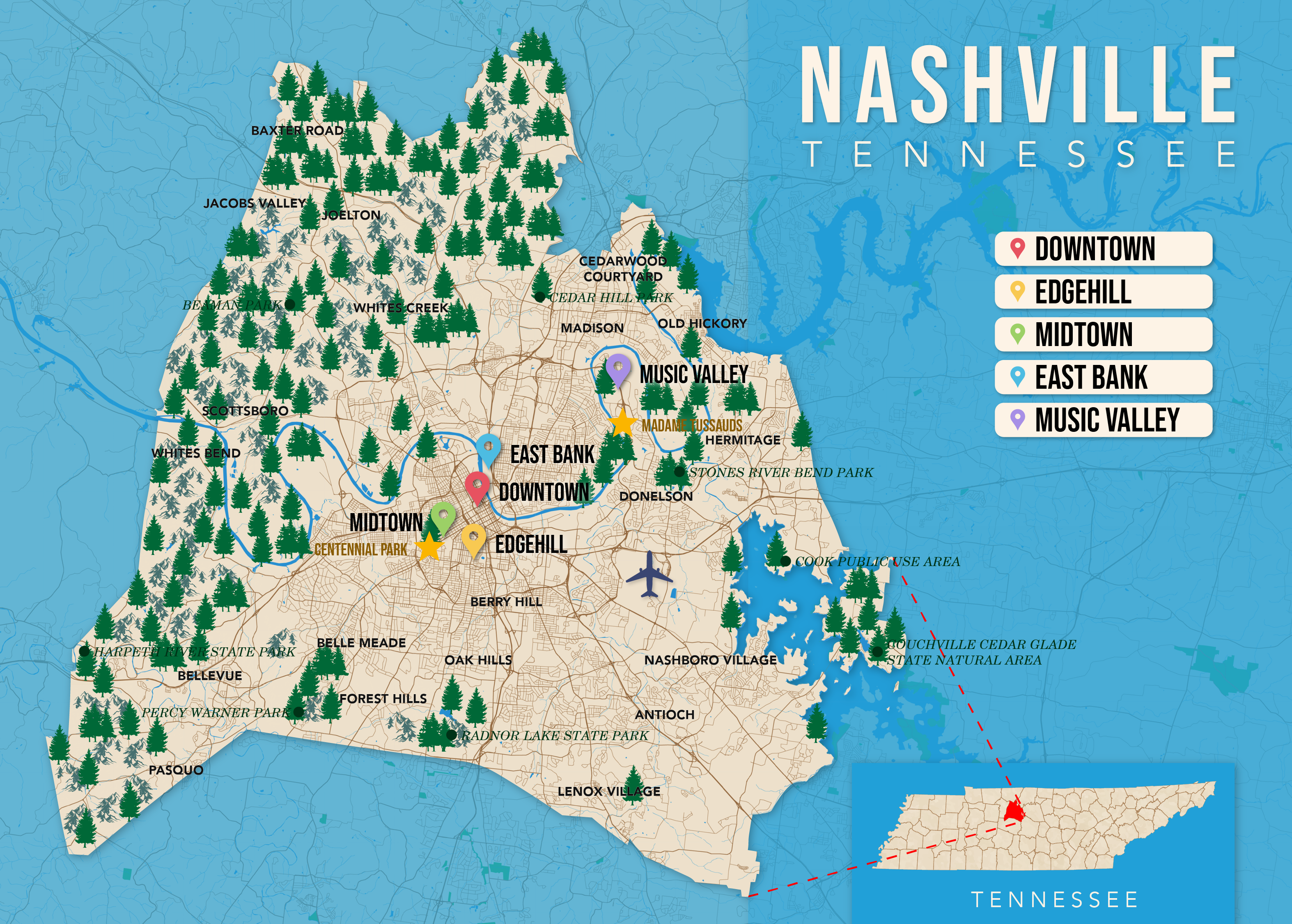 Where to Stay in Nashville map in vector format featuring the best areas of town