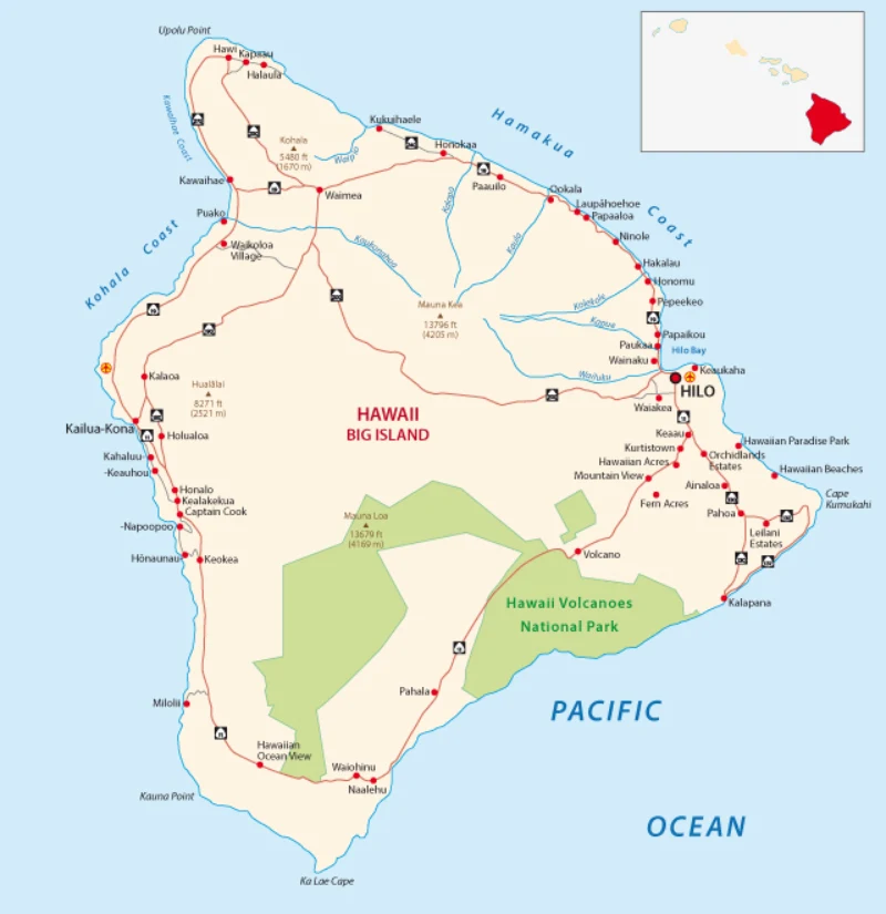 A map showing where to stay on the Big Island in Hawaii