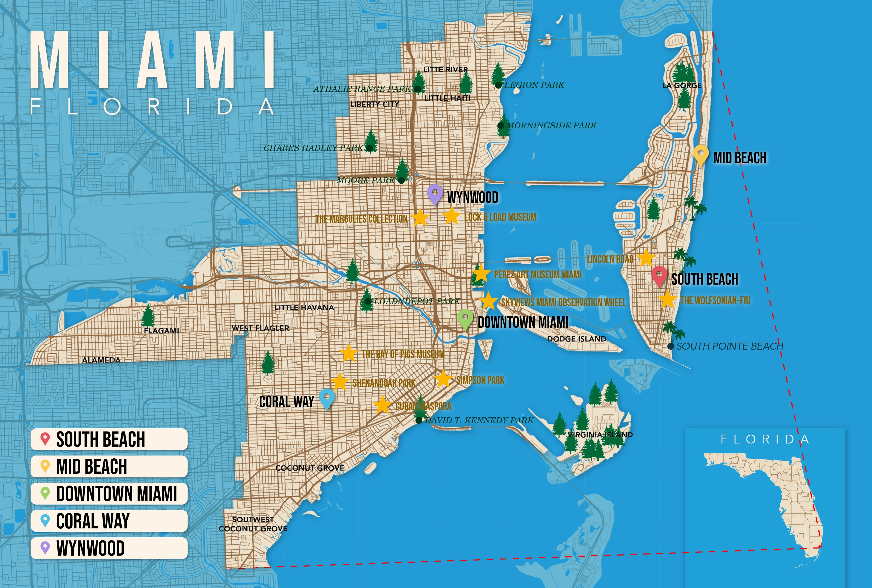 Where to Stay in Miami map in vector format featuring the best areas of town
