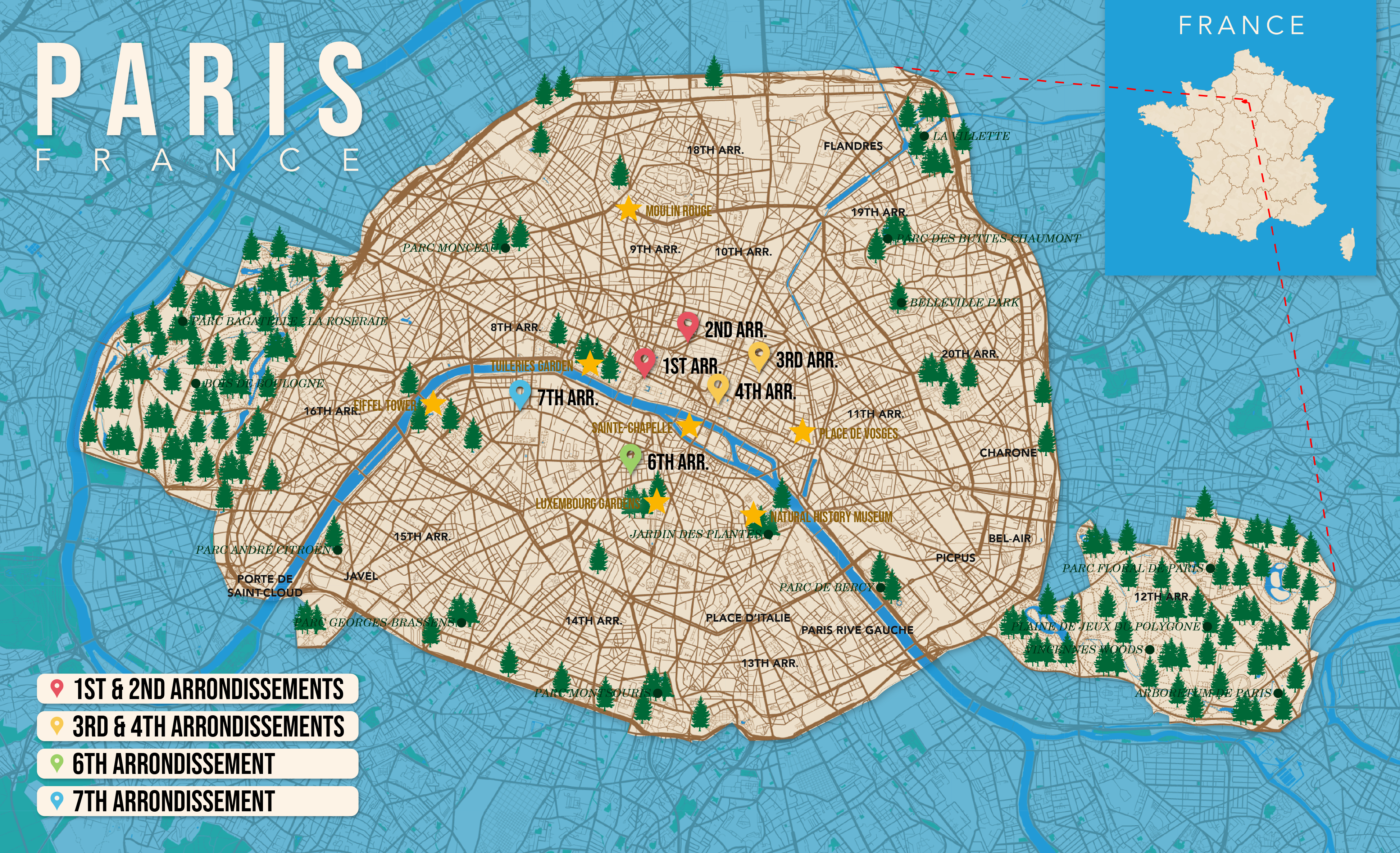 Where to Stay in Paris map in vector format featuring the best areas of town