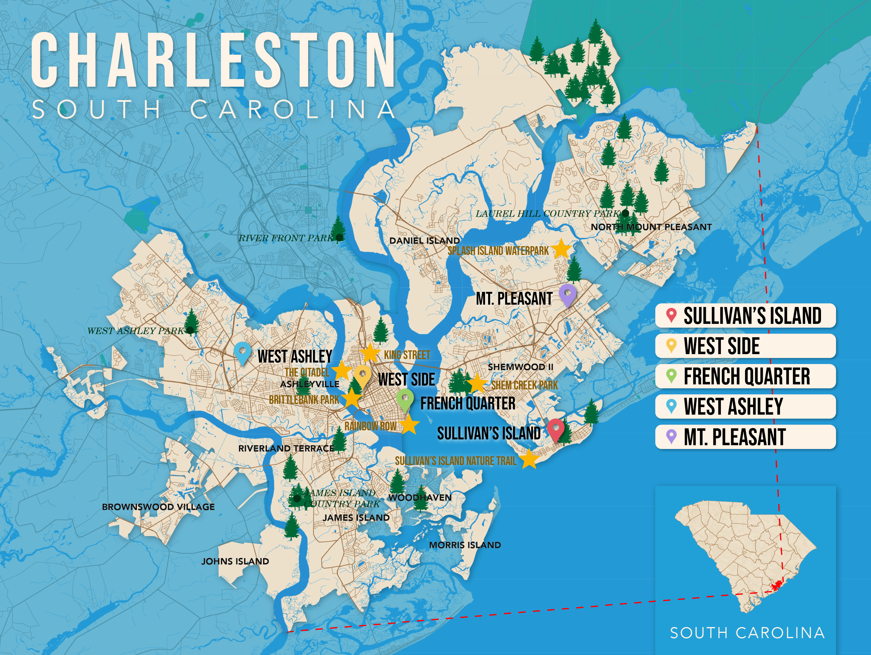 Where to Stay in Charleston map in vector format featuring the best areas of town