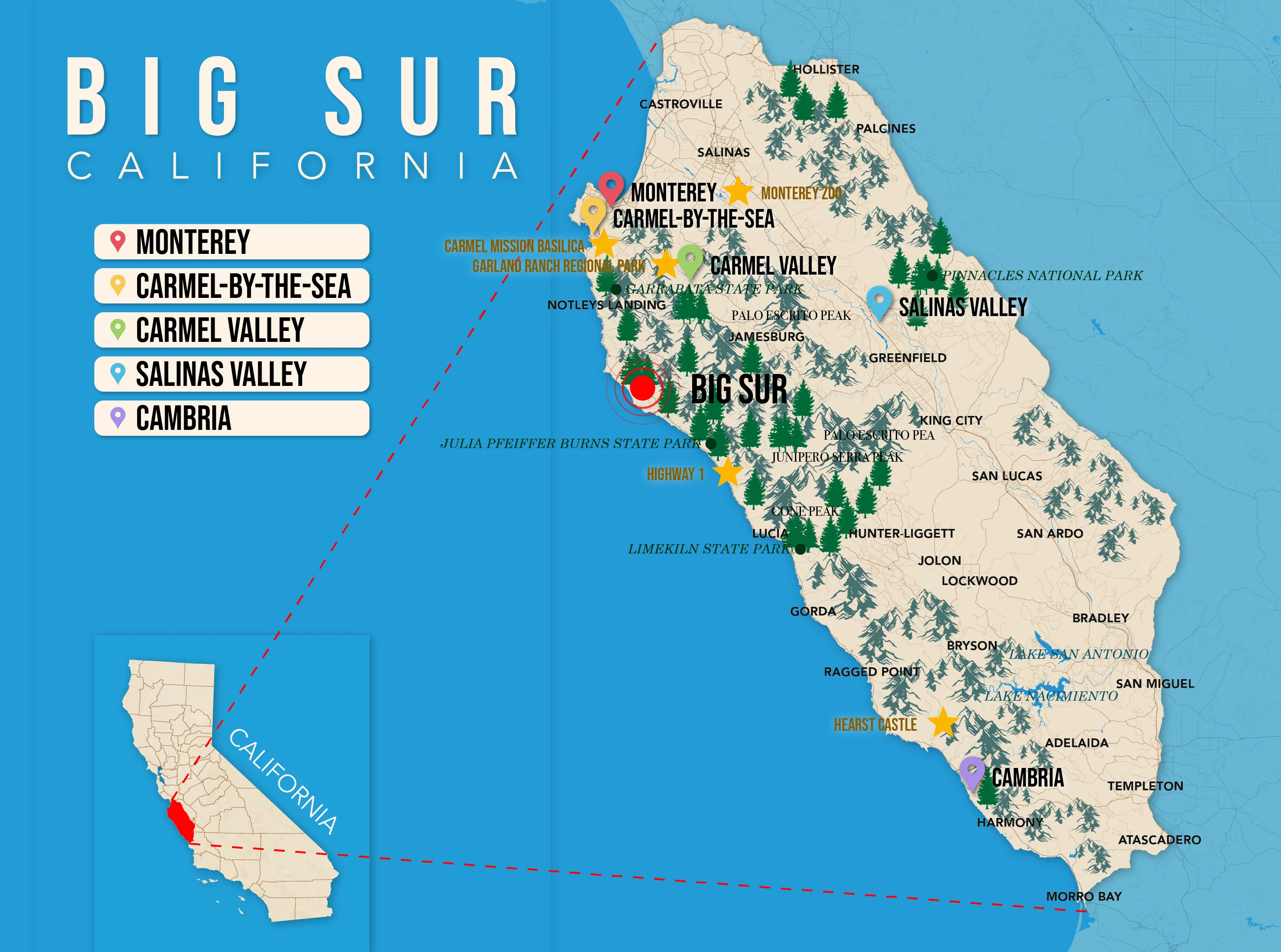 Where to Stay in Big Sur map in vector format featuring the best areas of town