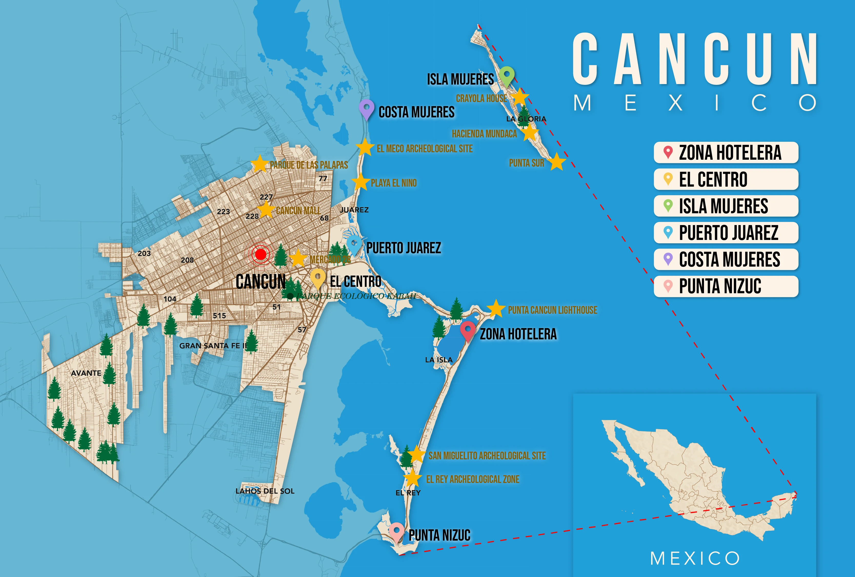 Where to Stay in Cancun map in vector format featuring the best areas of town