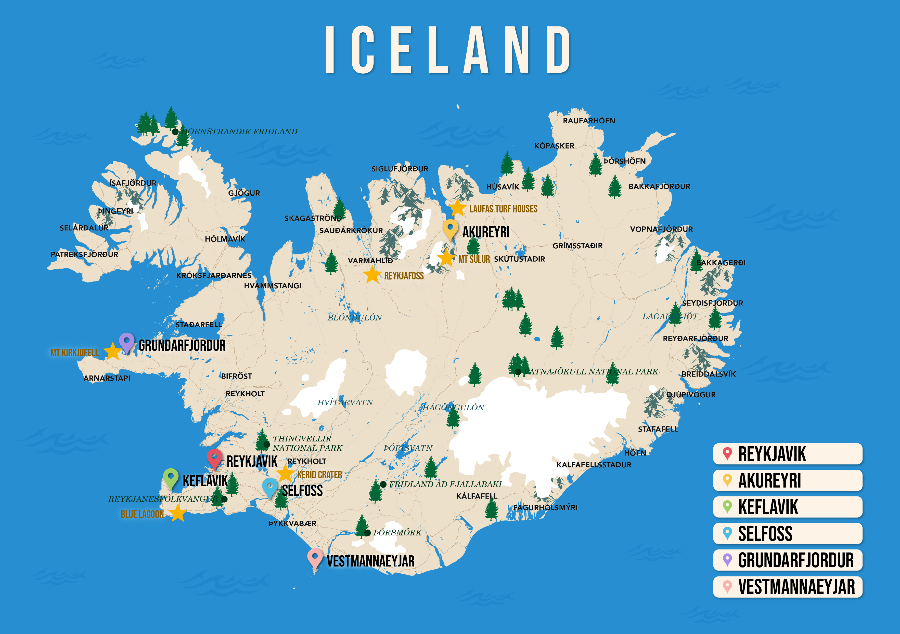 Where to Stay in Iceland map in vector format featuring the best areas of town