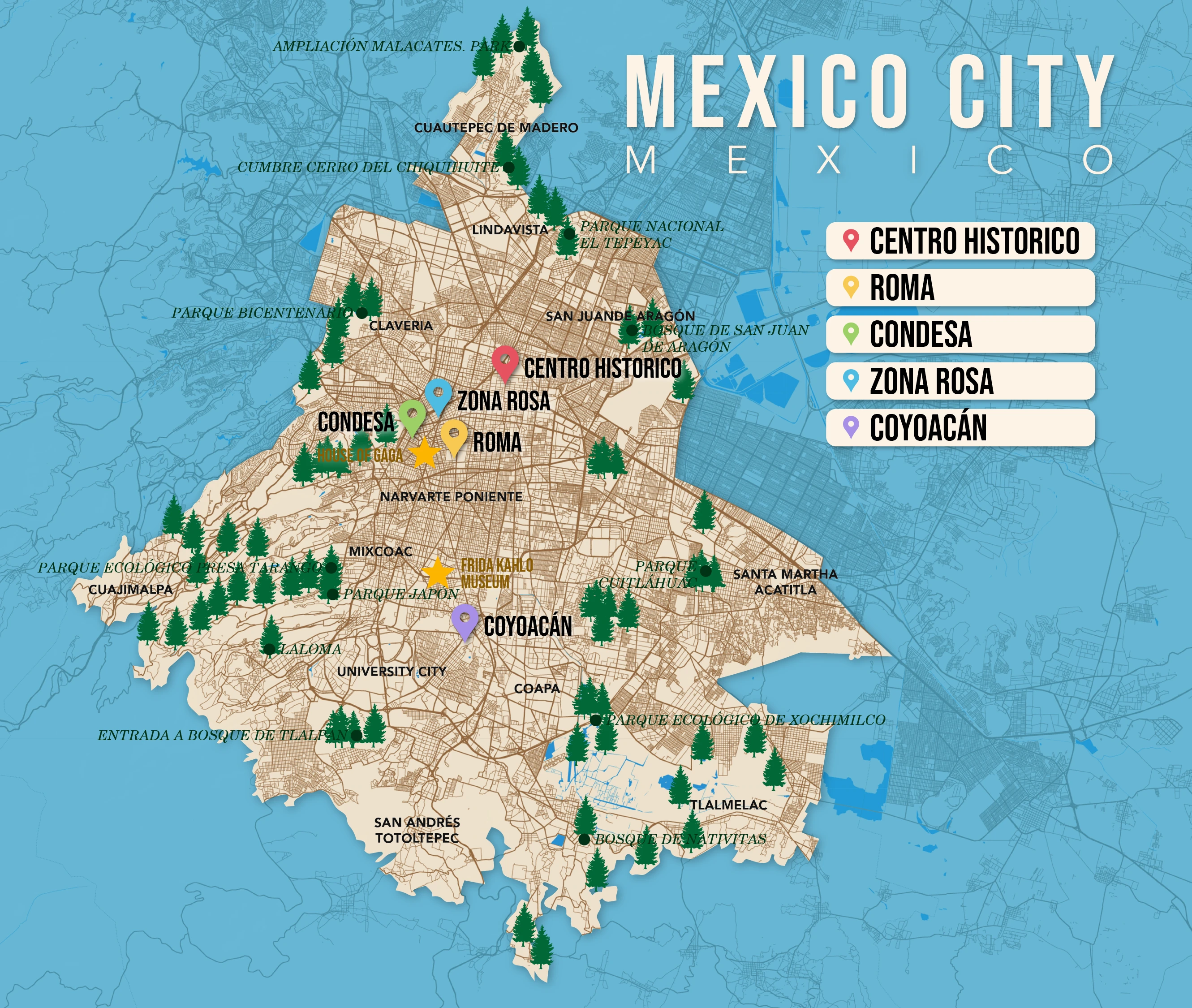 Where to Stay in Mexico City map in vector format featuring the best areas of town