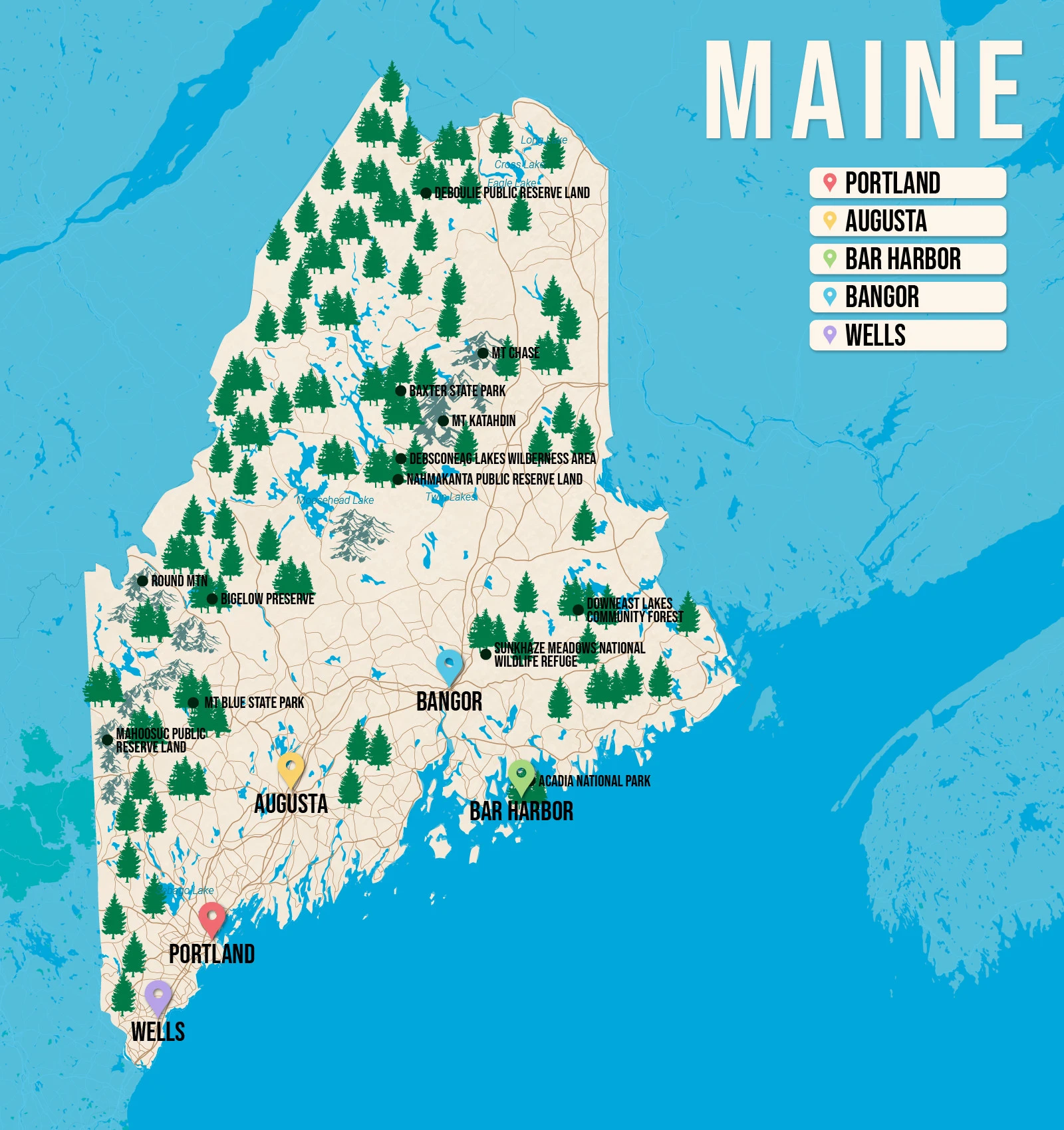 Vector map of Maine, pictured with several of the best places to stay and attractions to visit