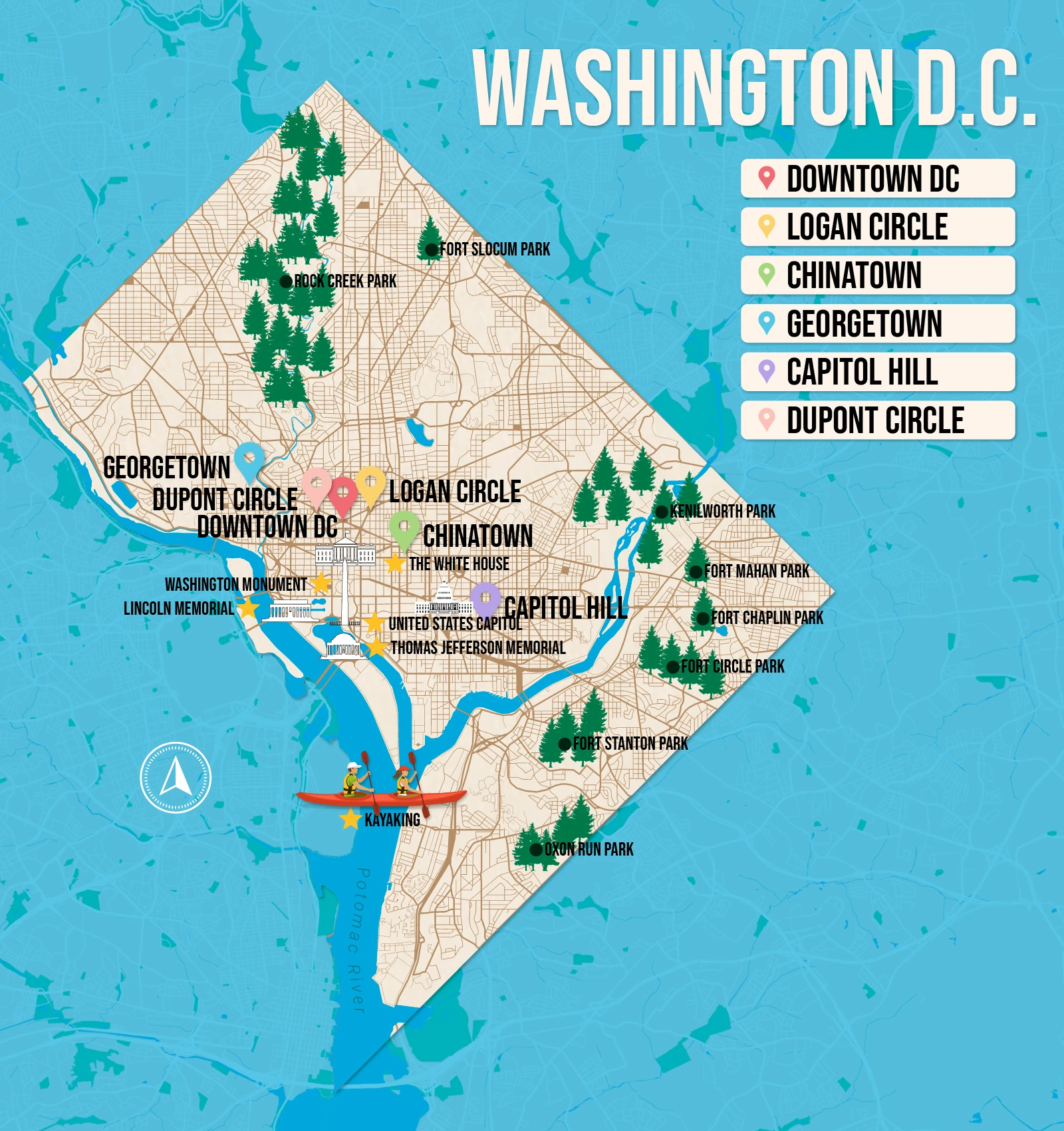 Vector map of Washington DC, pictured with several of the best places to stay and attractions to visit