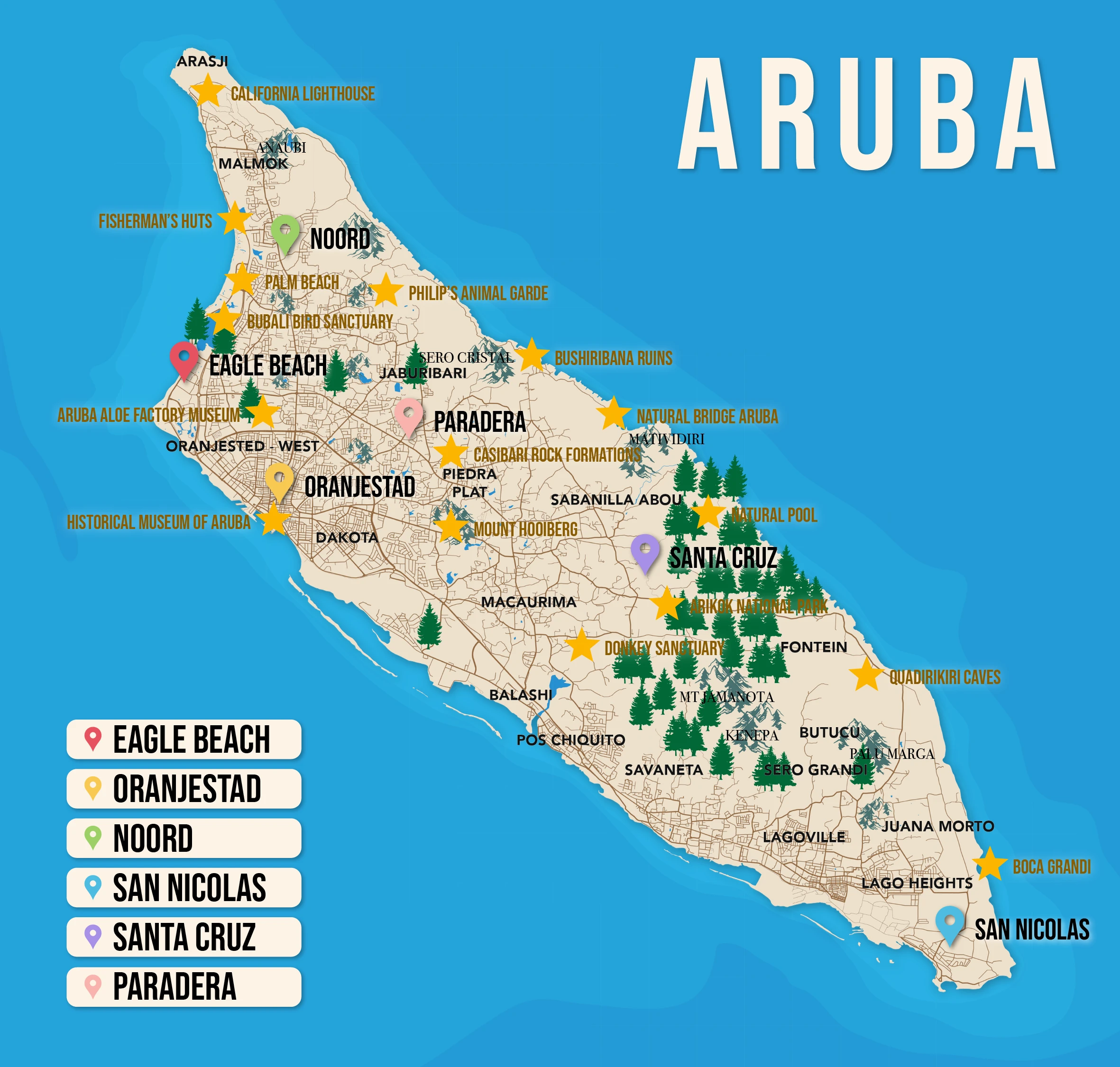 Where to Stay in Aruba map in vector format featuring the best areas of town