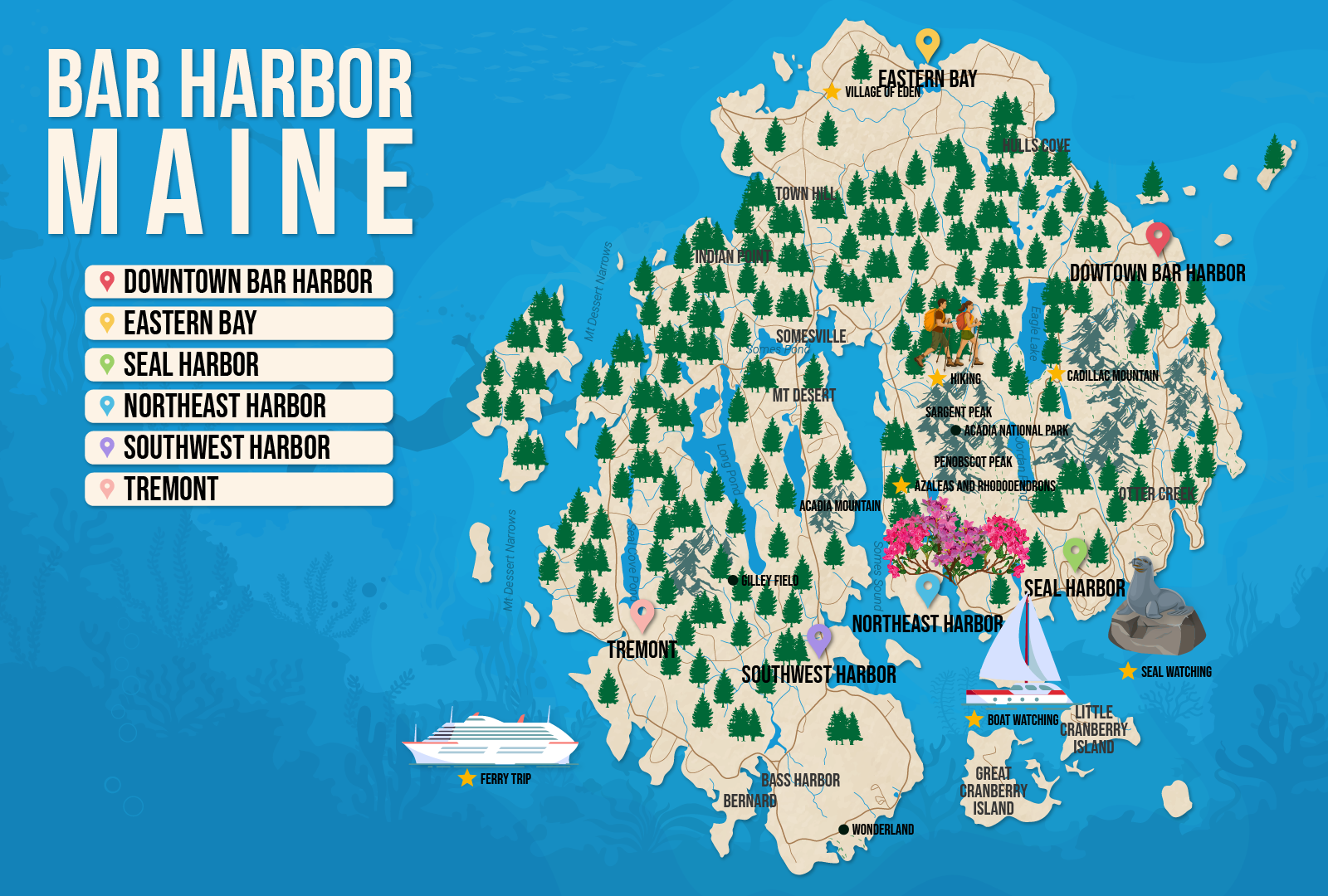 Vector map of Bar Harbor, pictured with several of the best places to stay and attractions to visit