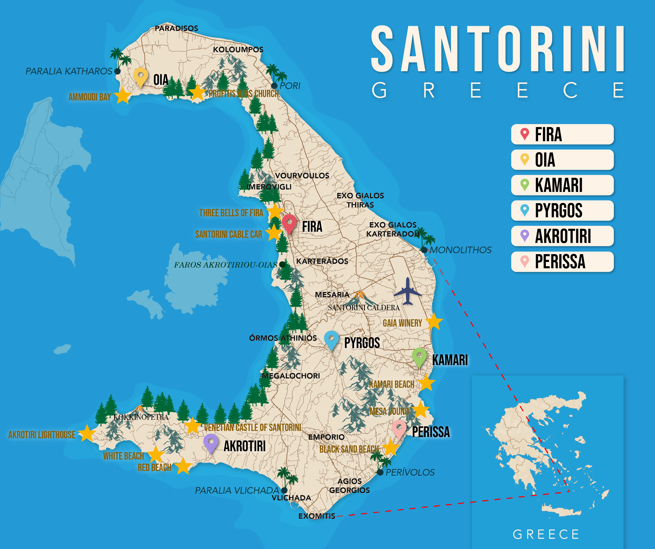 Where to Stay in Santorini map in vector format featuring the best areas of town