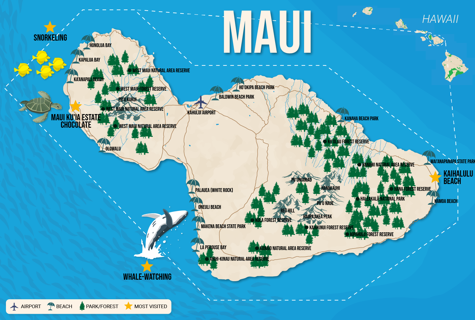 Vector map of Maui, one of the best islands to visit in Hawaii, pictured for a piece titled Map of the Hawaiian Islands