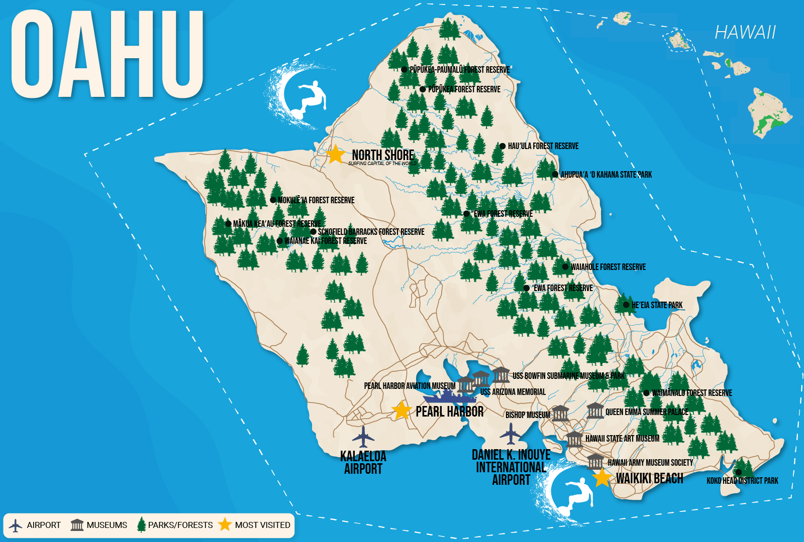 Vector map of Oahu, one of the best islands to visit in Hawaii, pictured for a piece titled Map of the Hawaiian Islands