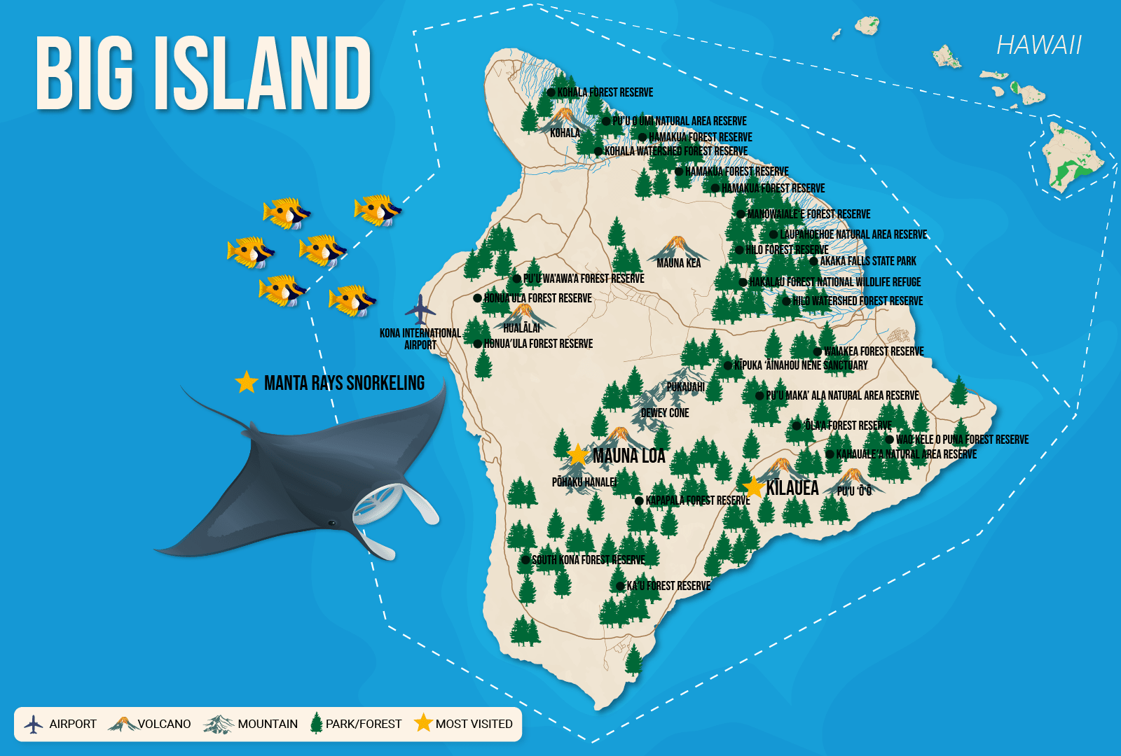 Vector map of the Big Island, one of the best islands to visit in Hawaii, pictured for a piece titled Map of the Hawaiian Islands