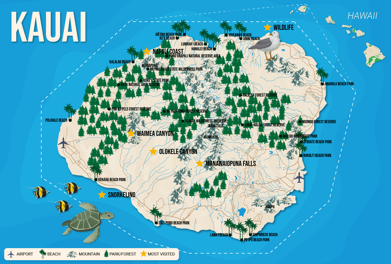 For a piece titled map of the Hawaiian Islands, a vector map of Kauai is labeled with popular attractions on a blue background