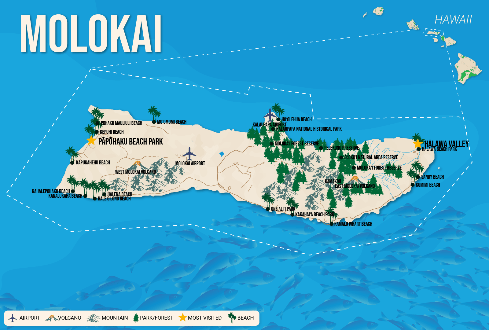 For a piece titled map of the Hawaiian Islands, a vector map of Molokai is labeled with popular attractions on a blue background