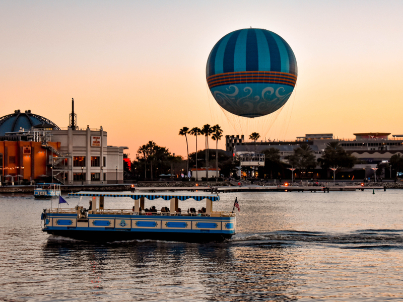 Unique view of Disney Springs (one of the best things to do in Orlando Florida) at sunset