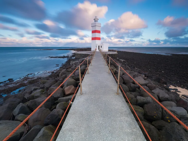 Rustic lighthouse in Keflavik, one of the best places to stay in Iceland