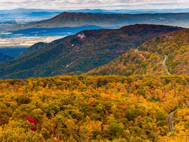 Shenandoah National Park in Virginia showing a winding road through the Appalachians