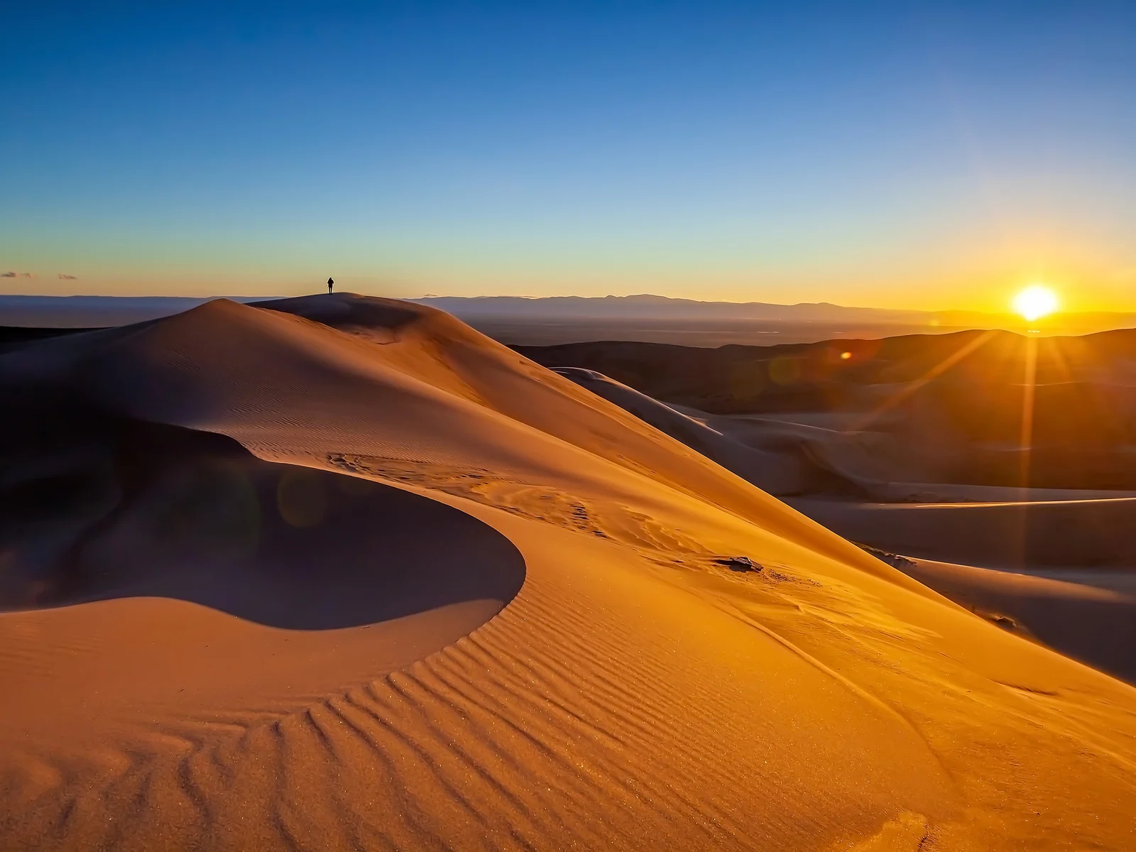 Man on top of a dune at the Great Sand Dunes Park in Colorado during the best time to visit