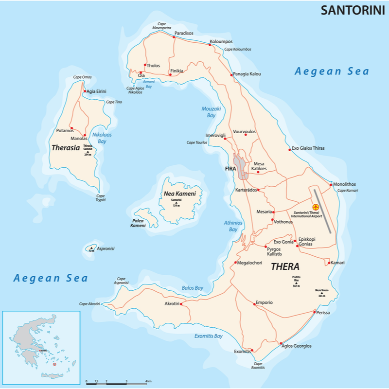 Map showing the various parts of Santorini, including the best neighborhoods and hotels