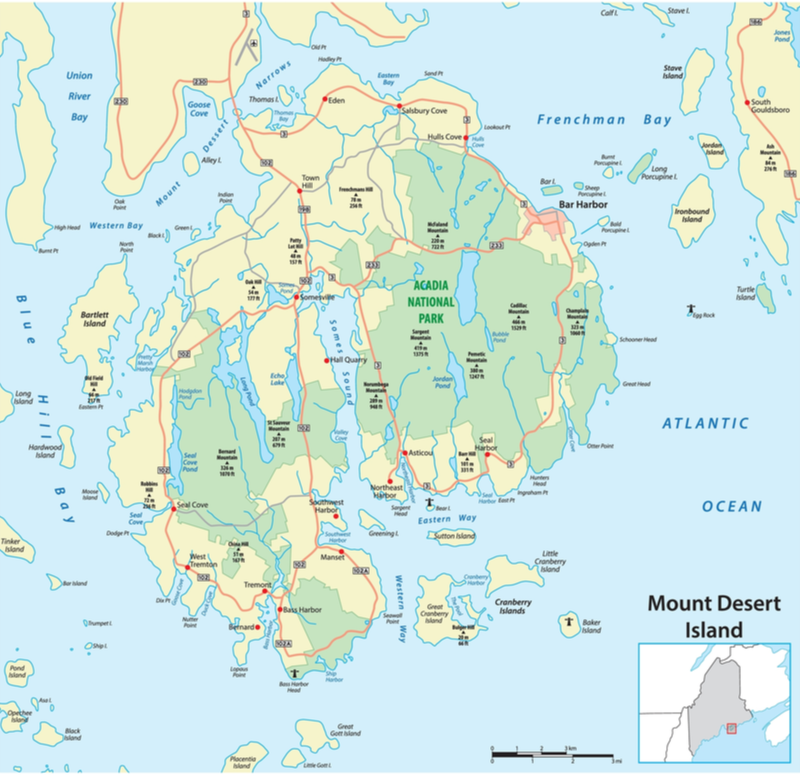 Image of a map of Mount Desert Island for a piece on where to stay in Bar Harbor Maine