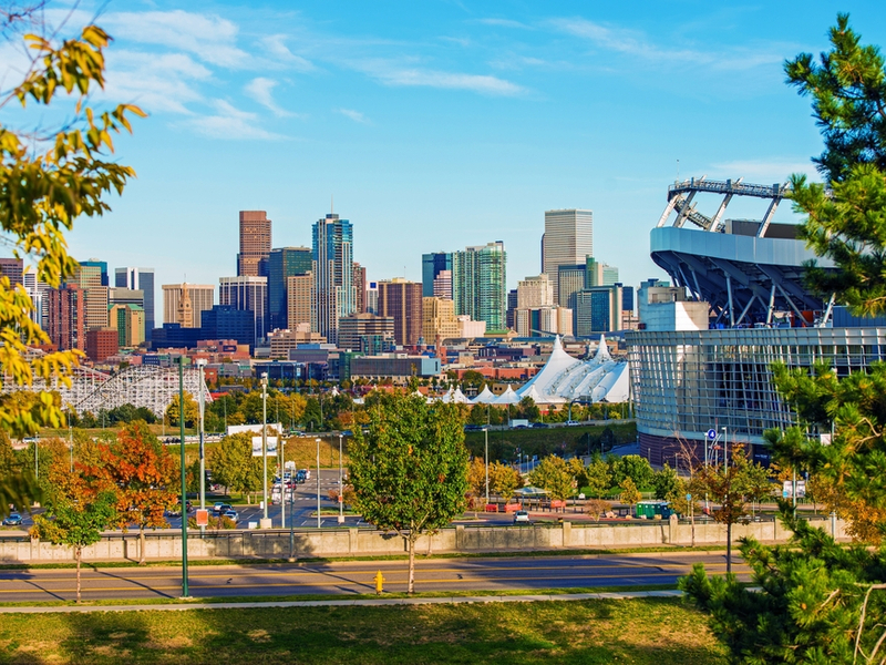 Denver skyline as viewed from Mile High Stadium, a must-see attraction in Colorado