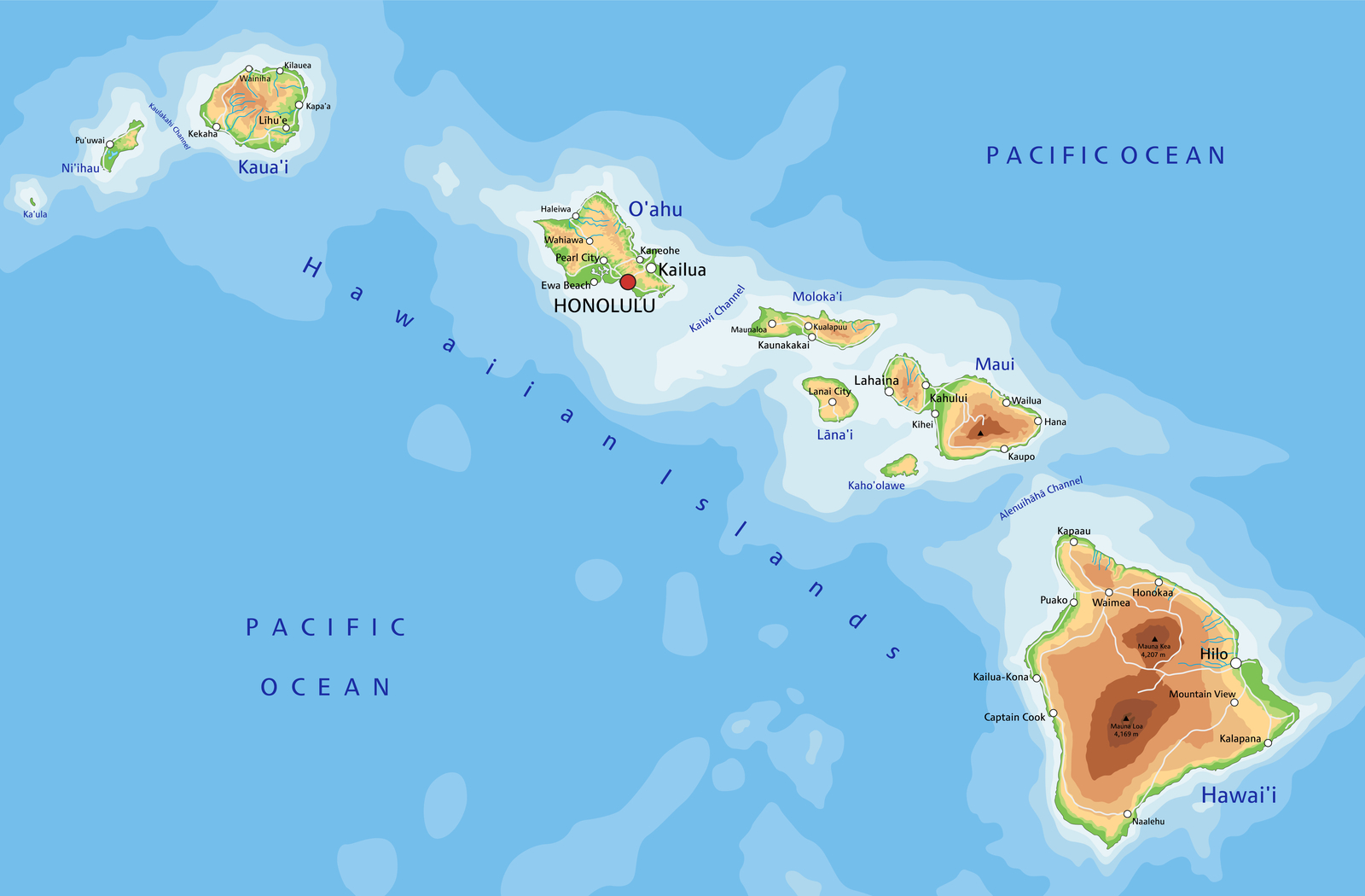 Detailed map of the Hawaiian Islands for a piece explaining what to do on each