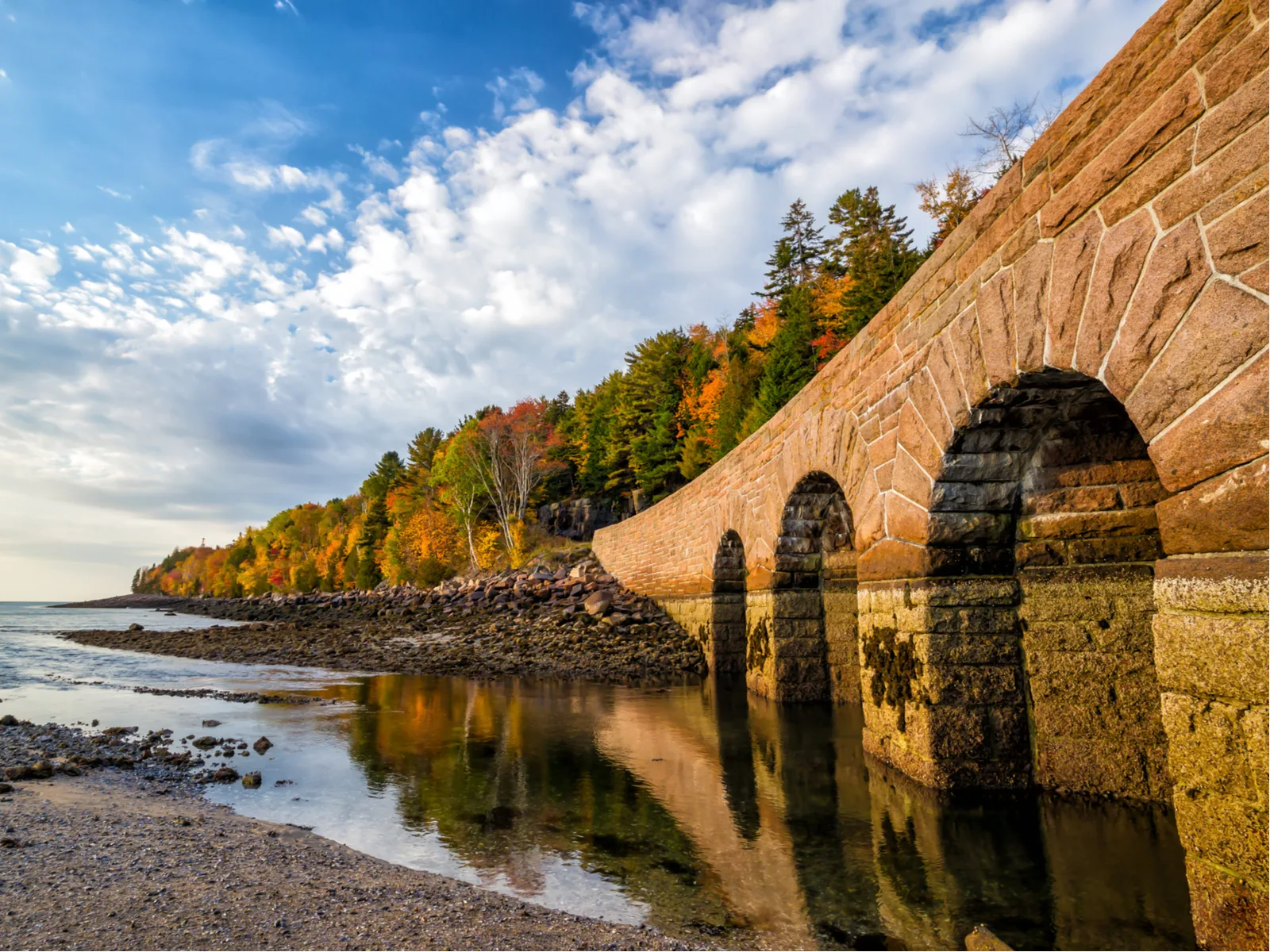 Stone bridge pictured during the best time to visit Acadia National Park