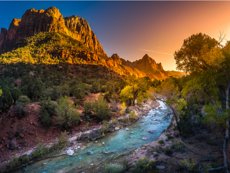 Gorgeous peaks of Zion, one of the best national parks in the USA, as viewed at sunset