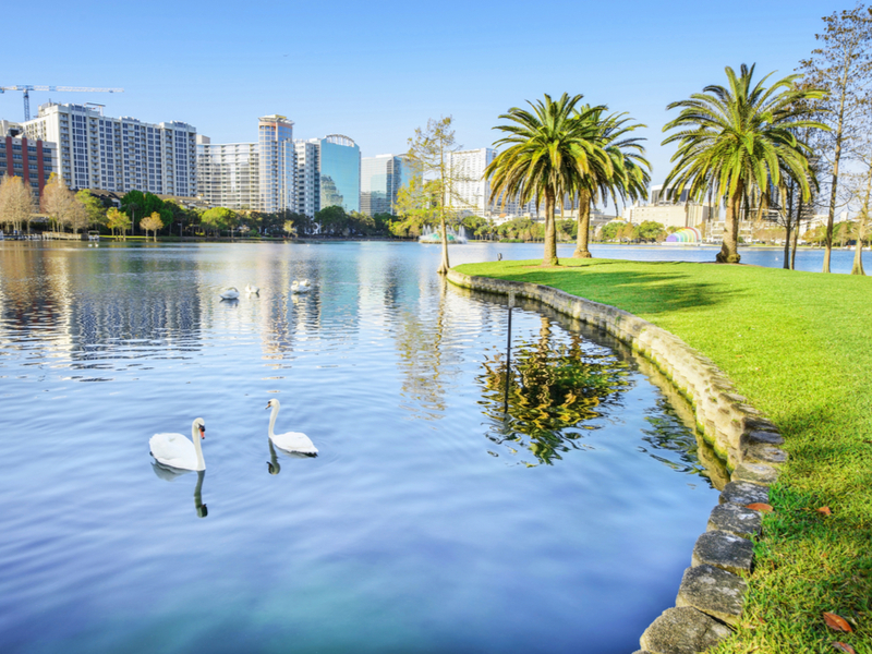 Gorgeous view of Lake Eola, one of the must-see sights when staying at a Disney-Themed Airbnb in Orlando