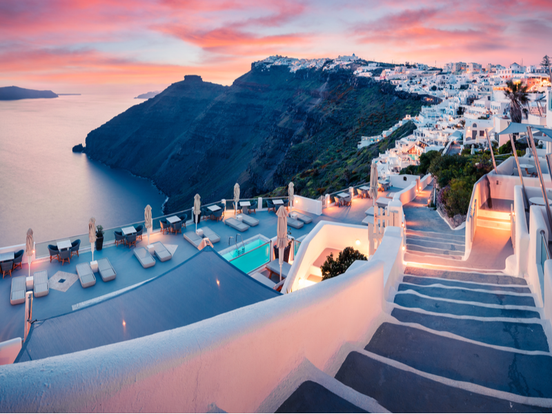 Dusk view of Fira, one of the best places to stay in Santorini