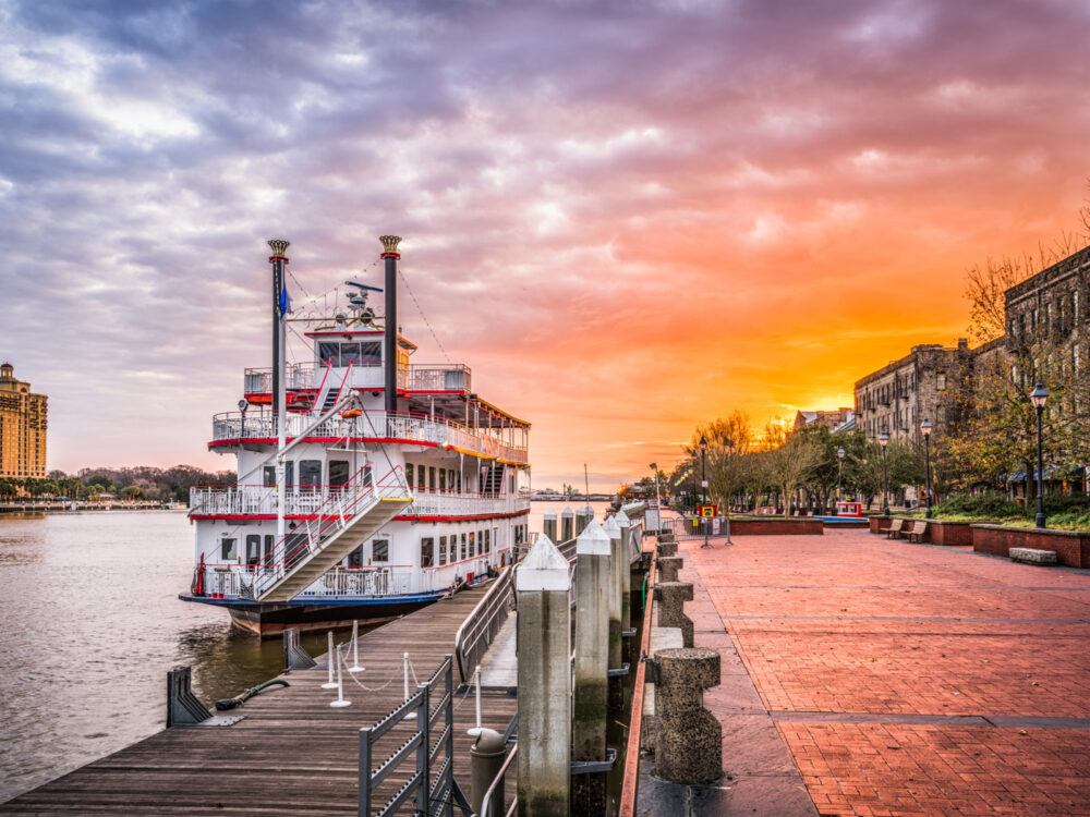 Waterfront in Savannah, GA, one of the best things to do there shown at dawn