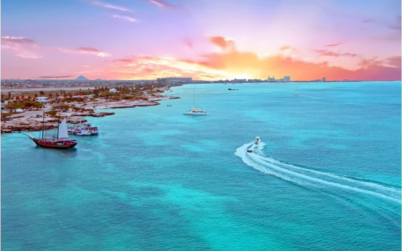 Aerial view of one of the best places to stay in Aruba at Sunset