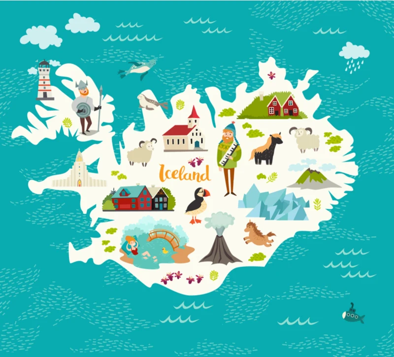 Cartoon map of where to stay in Iceland based on what you want to do