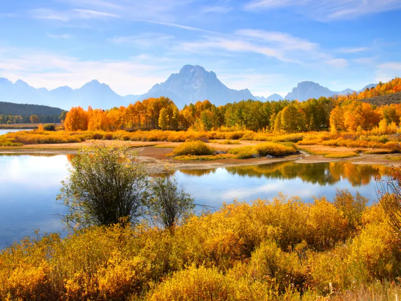 Grand Tetons during the least busy time to visit Yellowstone, as viewed from Oxbow Bend
