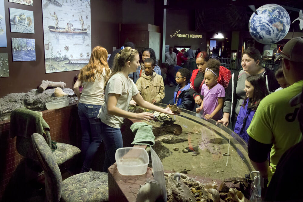 Young museum staff introducing a Horseshoe Crab to the visiting kids and adults at Virginia Living Museum, one of the things to do in Virginia