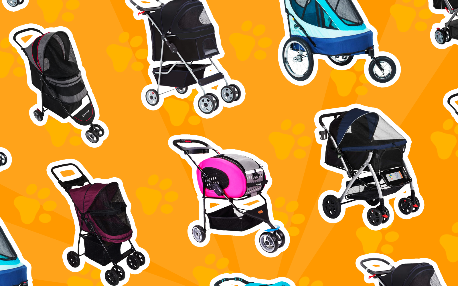 Image of several of the best dog strollers in a layflat image on an orange background