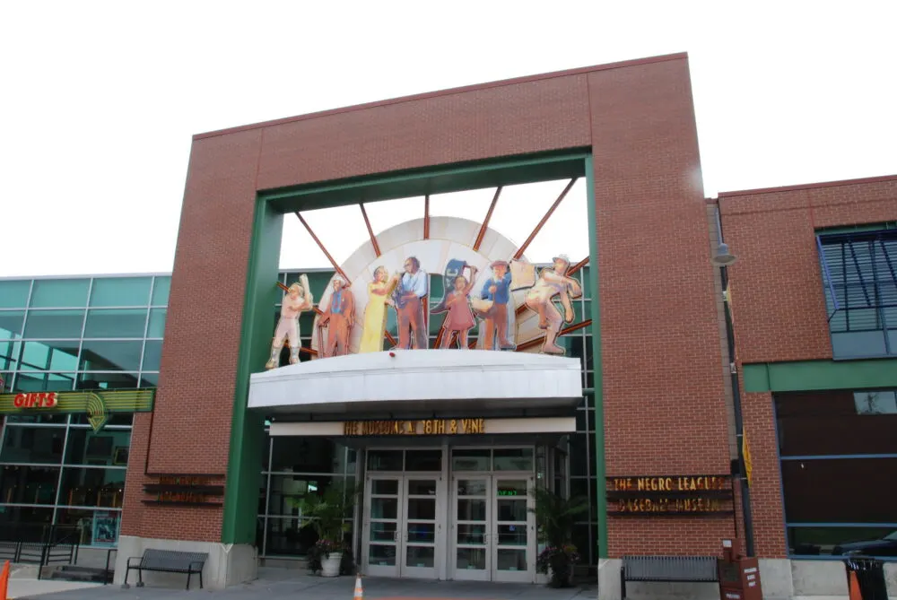 Images of people above the huge entrance of Negro Leagues Baseball Museum, one of the best things to see in Kansas