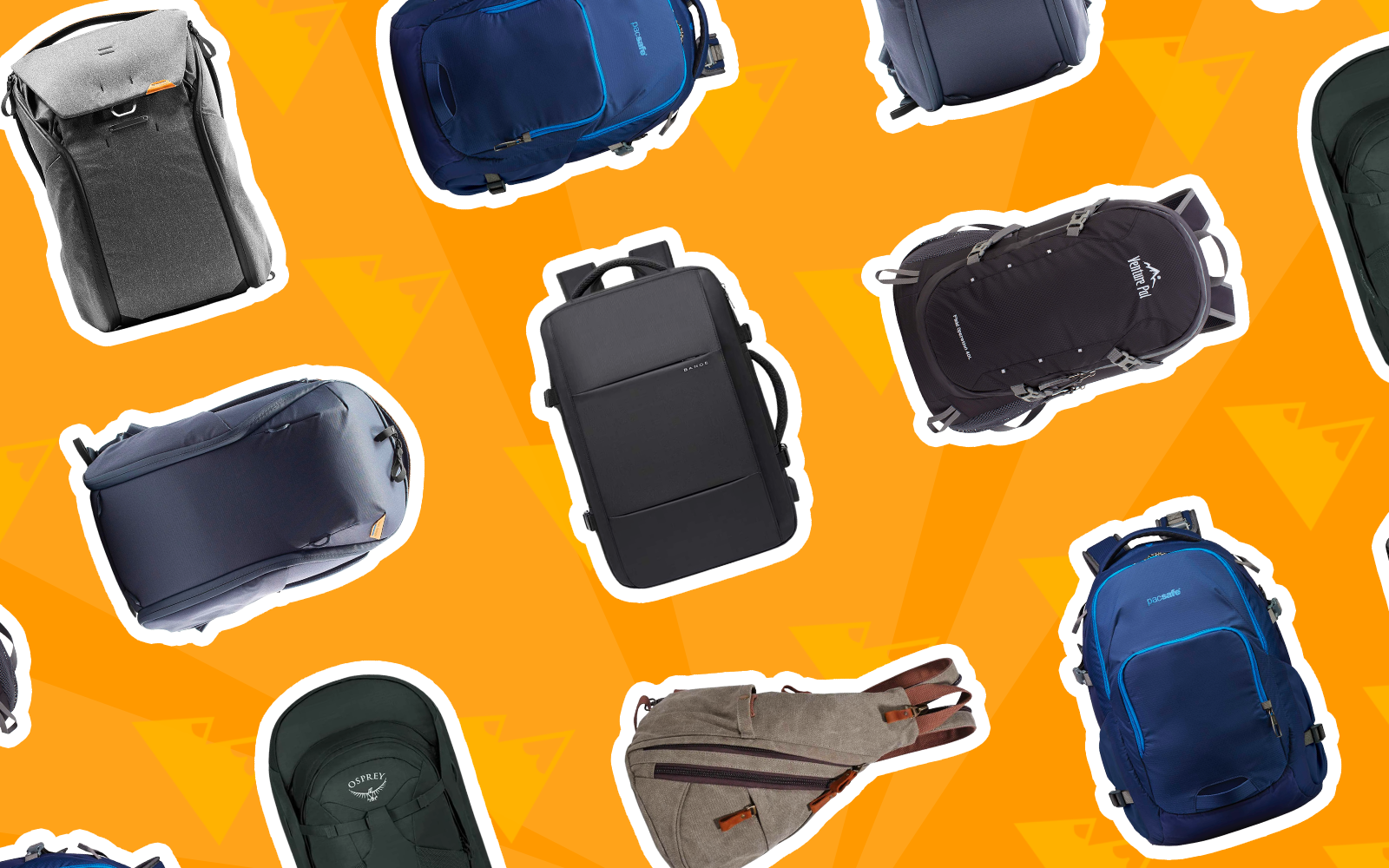 Image of several of the best travel backpacks in a layflat image on an orange background